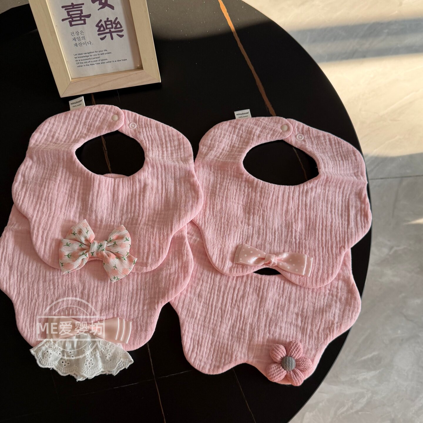 婴儿韩系粉色纯棉纱布花瓣围嘴女宝宝口水巾蝴蝶结花朵防吐奶围兜