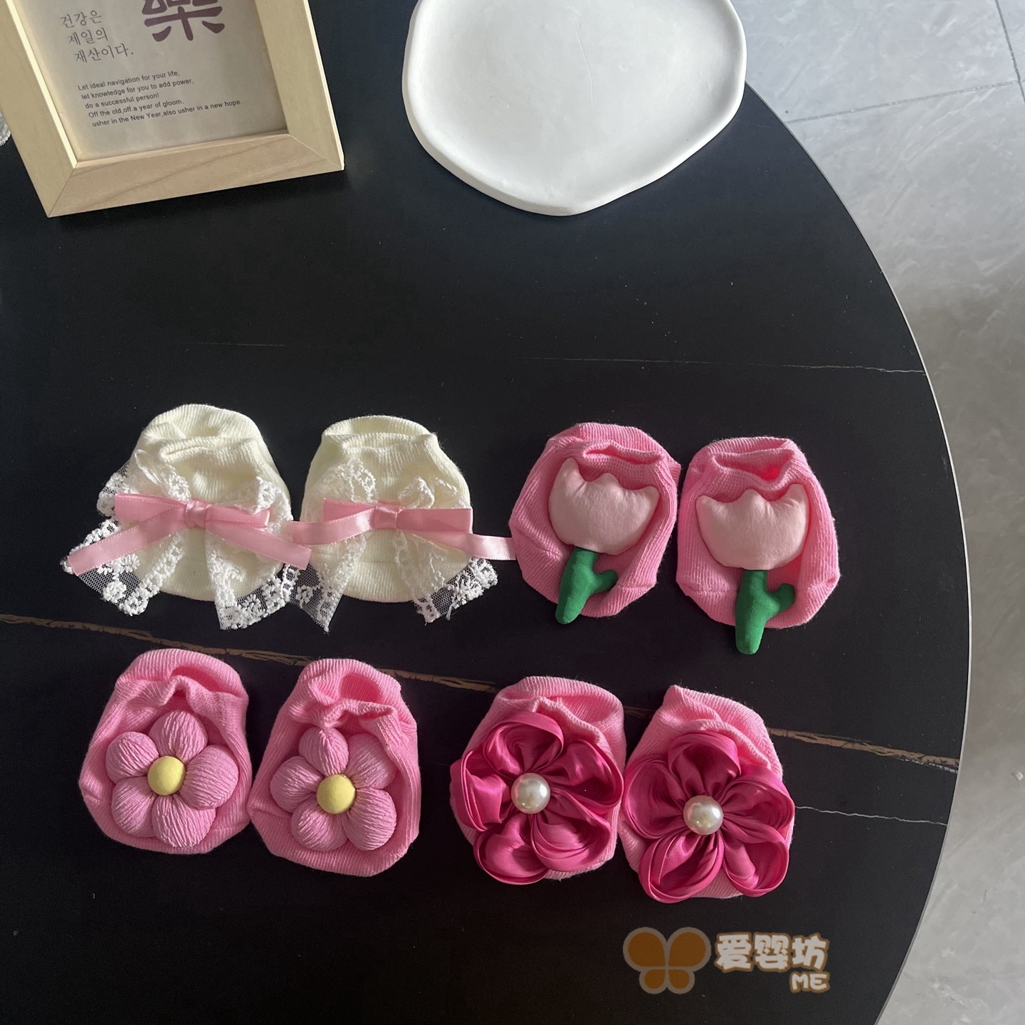 粉色系婴儿可爱春秋袜立体花朵樱桃精美船袜新生儿百天拍照搭配袜