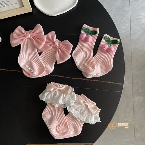 甜美粉色中筒袜 大蝴蝶结蕾丝花边袜女宝宝可爱公主袜 防滑地板袜