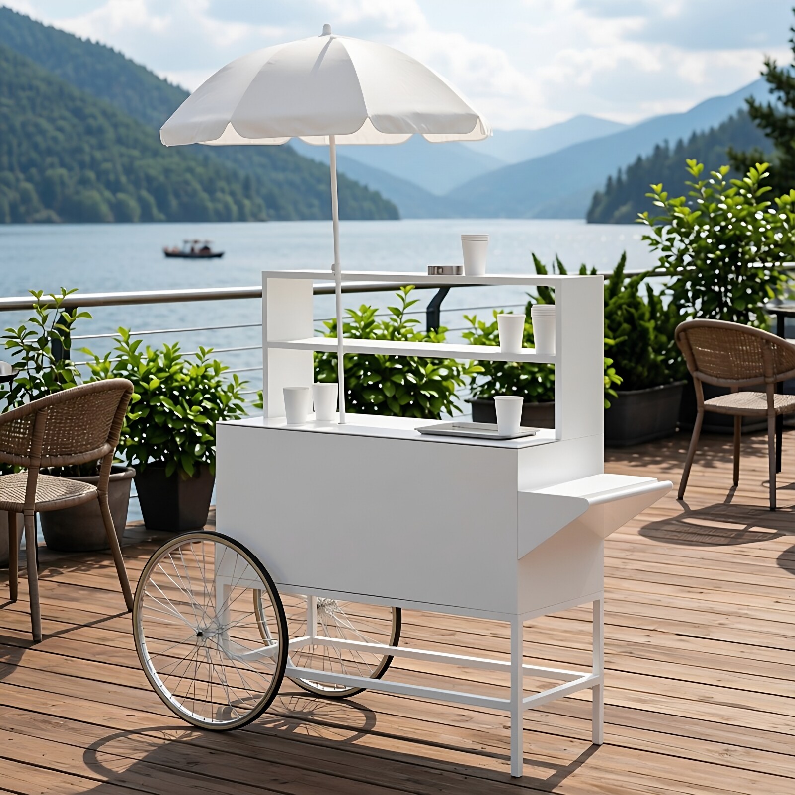 简约白色移动促销车推车带轮多层展示架活动服务站带伞婚礼道具车