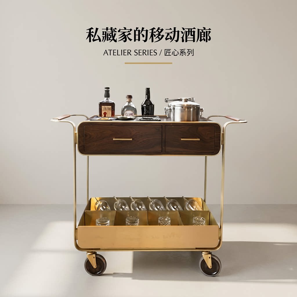 别墅金色餐车高档现代酒店飞机动车上静音实木餐饮烘焙抽屉手推车