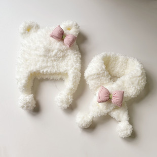 超萌小熊毛绒帽婴儿冬季加厚防寒保暖护耳蝴蝶结0-3-6月可爱帽子