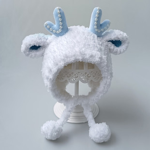 冬季儿童男女宝宝手工加厚网红抖音同款麋鹿角帽子保暖绒护耳胎帽