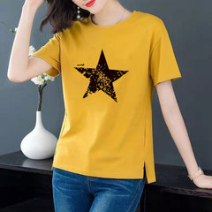 Cotton 6 colors large round neck split short sleeve T-shirt women's casual versatile top