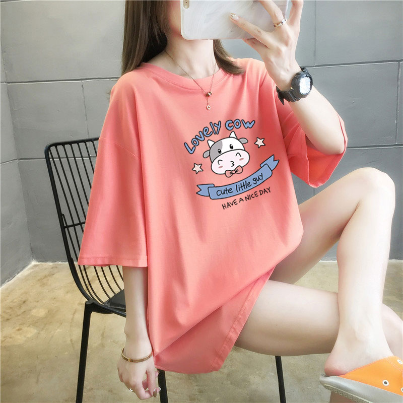 5 colors summer fat mm loose large medium length 26 thread cotton Korean Short Sleeve T-Shirt