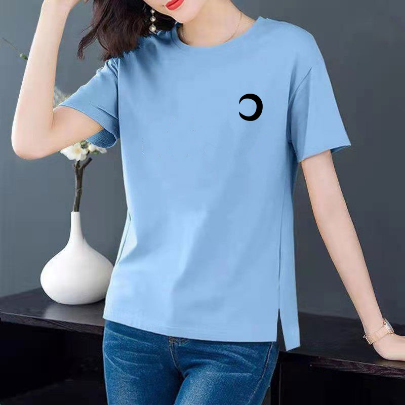 Cotton 6 colors large round neck split short sleeve T-shirt women's casual versatile top