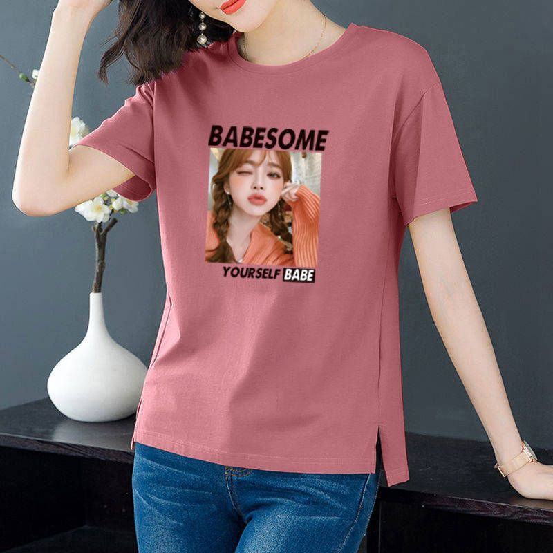 Cotton 6 colors large round neck split short sleeve T-shirt women's casual versatile top