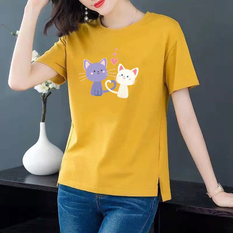 Cotton 6 colors large round neck split short sleeve T-shirt women's casual versatile top