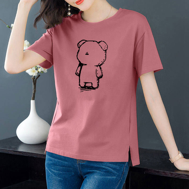 Cotton 6 colors large round neck split short sleeve T-shirt women's casual versatile top