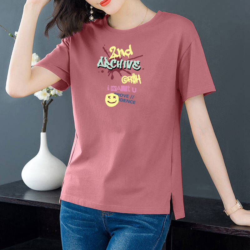 Cotton 6 colors large round neck split short sleeve T-shirt women's casual versatile top