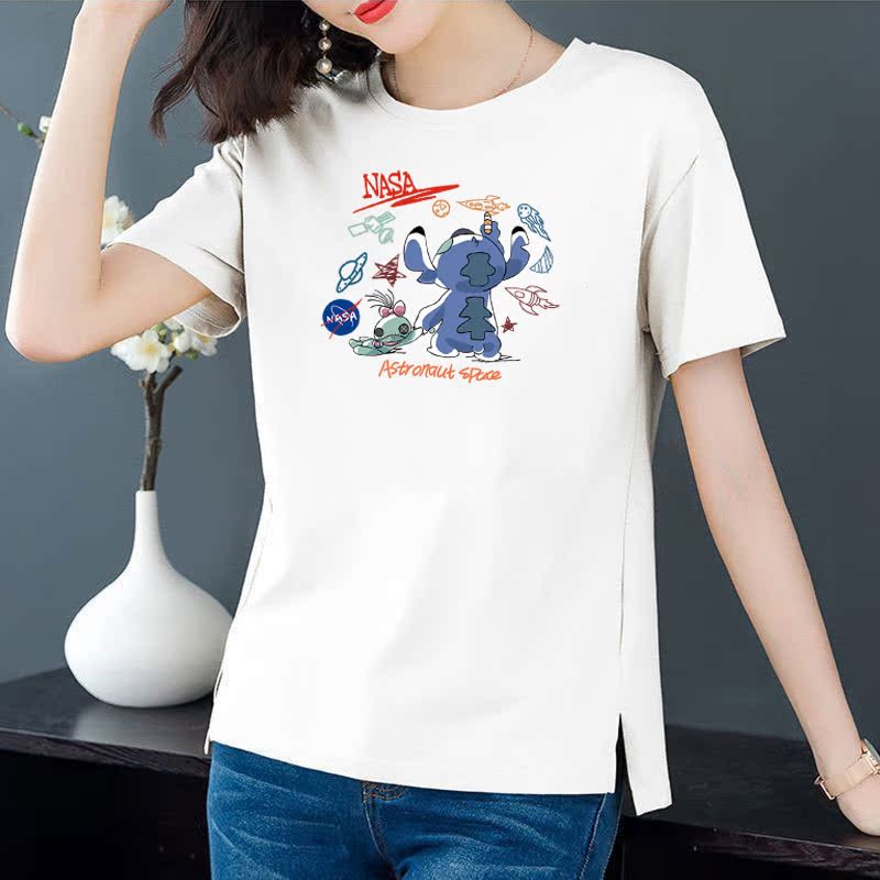 Cotton 6 colors large round neck split short sleeve T-shirt women's casual versatile top