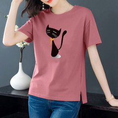 Cotton 6 colors large round neck split short sleeve T-shirt women's casual versatile top