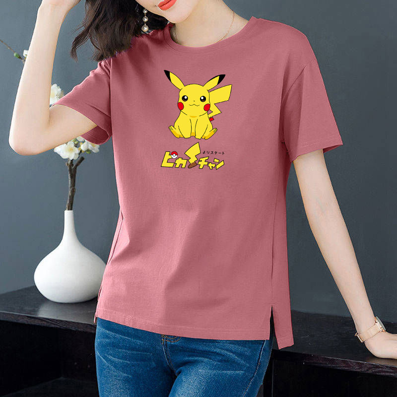 Cotton 6 colors large round neck split short sleeve T-shirt women's casual versatile top