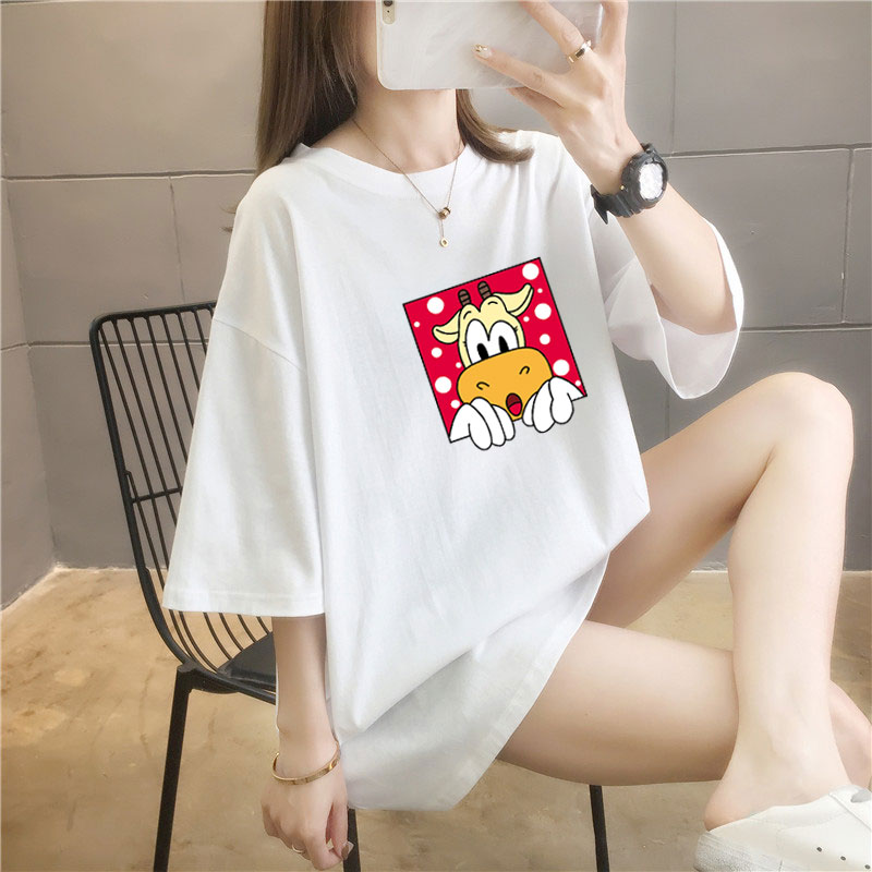 5 colors summer fat mm loose large medium length 26 thread cotton Korean Short Sleeve T-Shirt