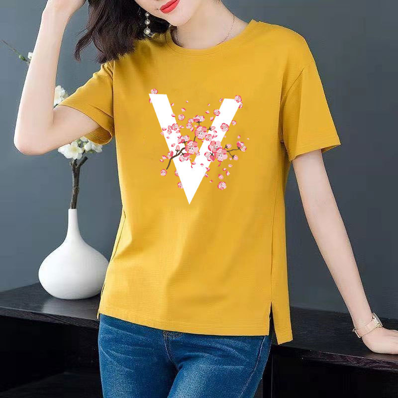 Cotton 6 colors large round neck split short sleeve T-shirt women's casual versatile top