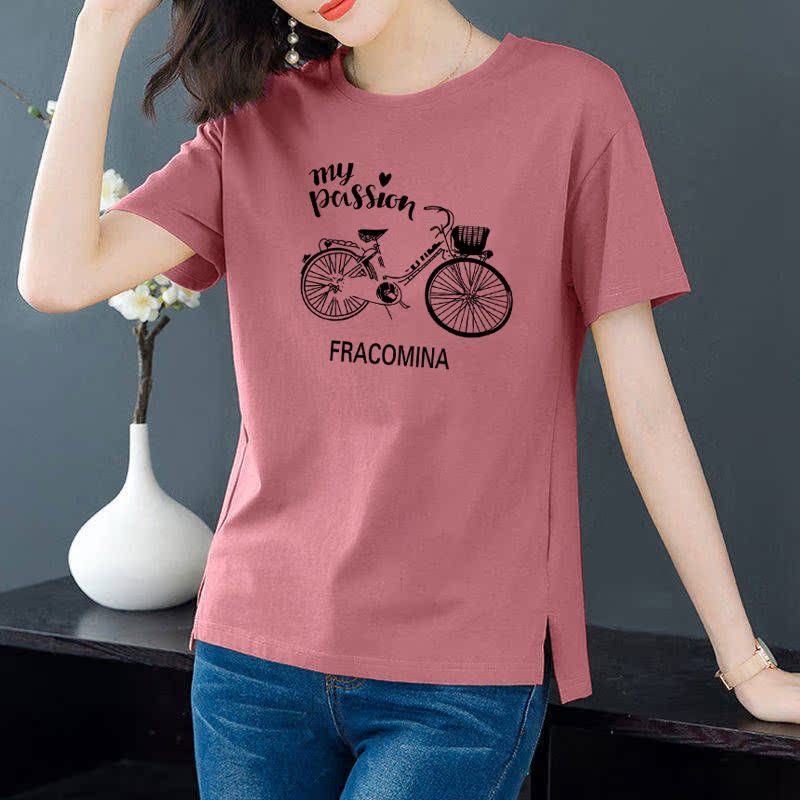 Cotton 6 colors large round neck split short sleeve T-shirt women's casual versatile top