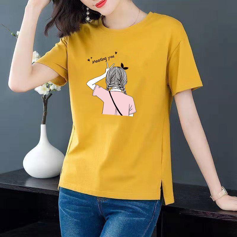 Cotton 6 colors large round neck split short sleeve T-shirt women's casual versatile top