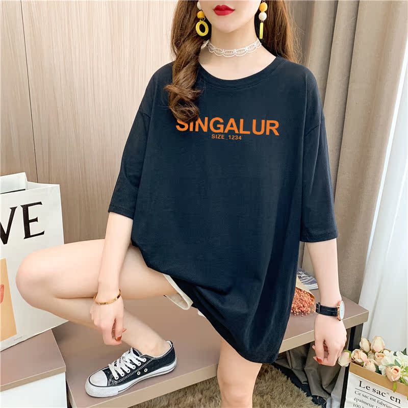 Real shot cotton medium length loose oversize summer dress 9 colors Korean Short Sleeve T-shirt for women