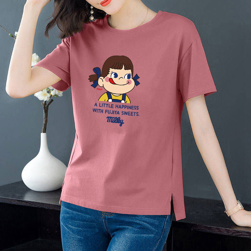 Cotton 6 colors large round neck split short sleeve T-shirt women's casual versatile top