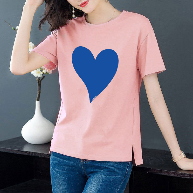 Cotton 6 colors large round neck split short sleeve T-shirt women's casual versatile top