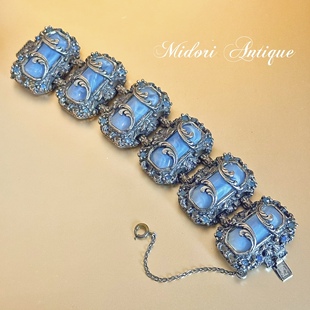 美国回流雾霾蓝云纹琉璃银色卷草纹维多利亚风手链vintage老物件