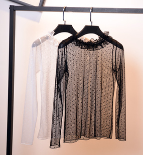 22秋新款透明网状打底衫女蕾丝罩衫透视镂空网纱内搭荷叶领上衣潮