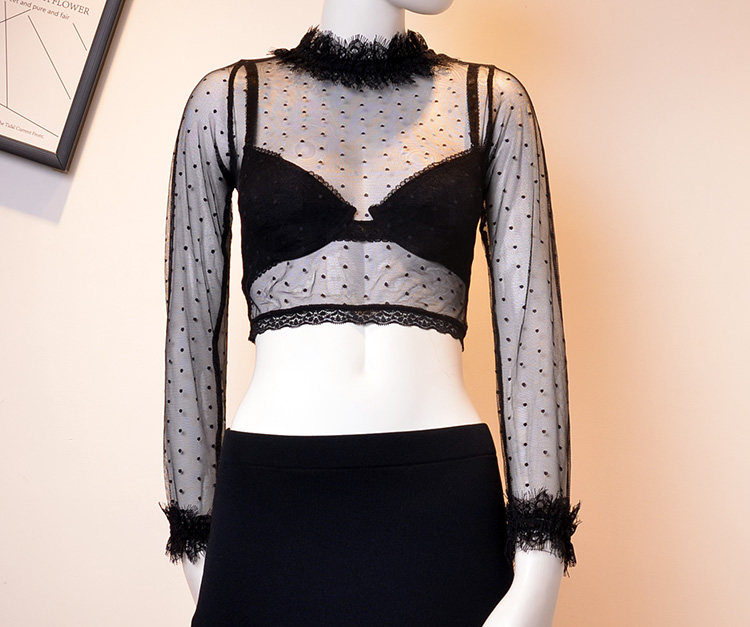 2022秋装新款蕾丝网纱打底衫长袖立领小圆领透视短款半截内搭衫