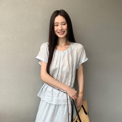 MOXI十三行女装2026夏季韩系短袖女式衬衣圆领褶皱收腰衬衫女上衣