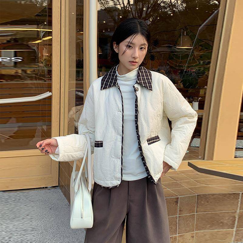 MOXI十三行女装2025冬季新款韩版格子领棉服外套女短款棉衣上衣女