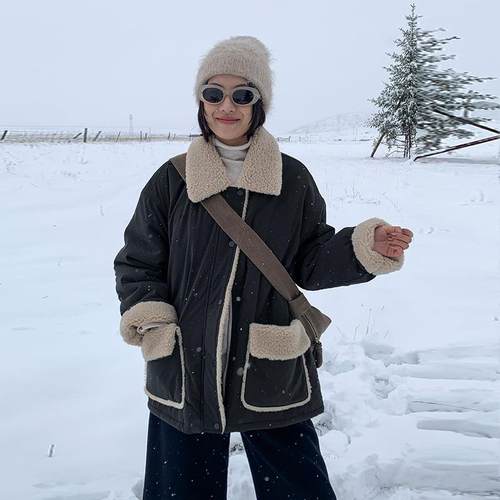 MOXI十三行女装2025冬季新款羊羔毛外套女短款加厚羊羔绒夹克女