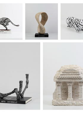 现代简约轻奢样板间售楼处客厅书房桌面摆件软装饰品树脂雕塑组合