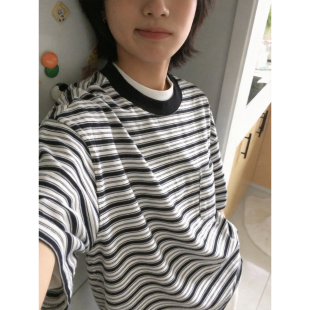 潮流上衣 撞色百搭半袖 条纹短袖 T恤男女宽松圆领古早风千禧年夏季