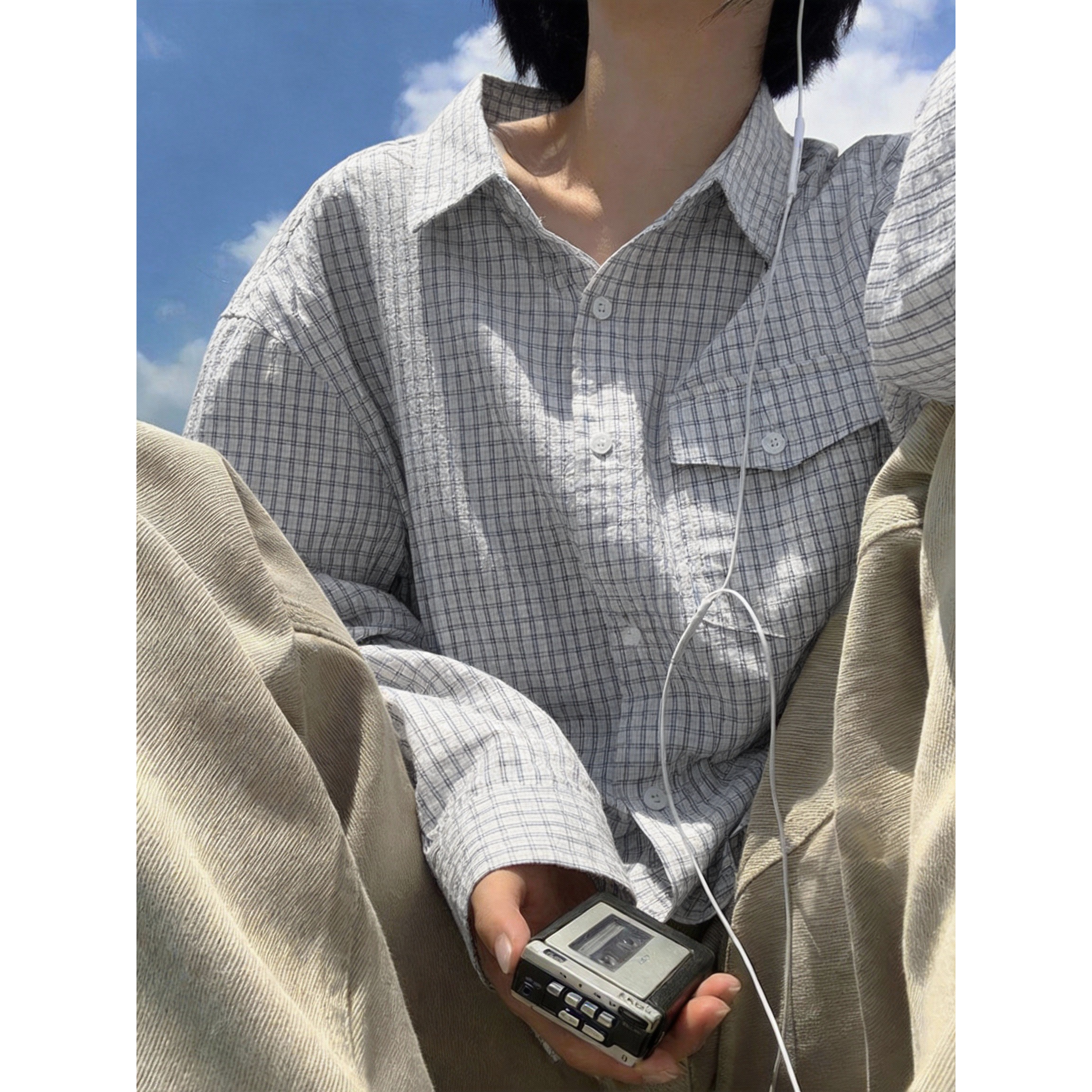miu系格子衬衫百搭知识分子日系复古男女格纹通勤宽松长袖衬衣潮