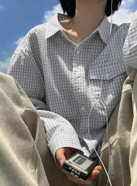 miu系格子衬衫百搭知识分子日系复古男女格纹通勤宽松长袖衬衣潮