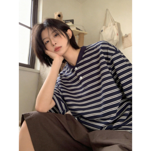 上衣潮 百搭宽松ins男女清爽少年感复古亨利领半袖 条纹短袖 T恤夏季