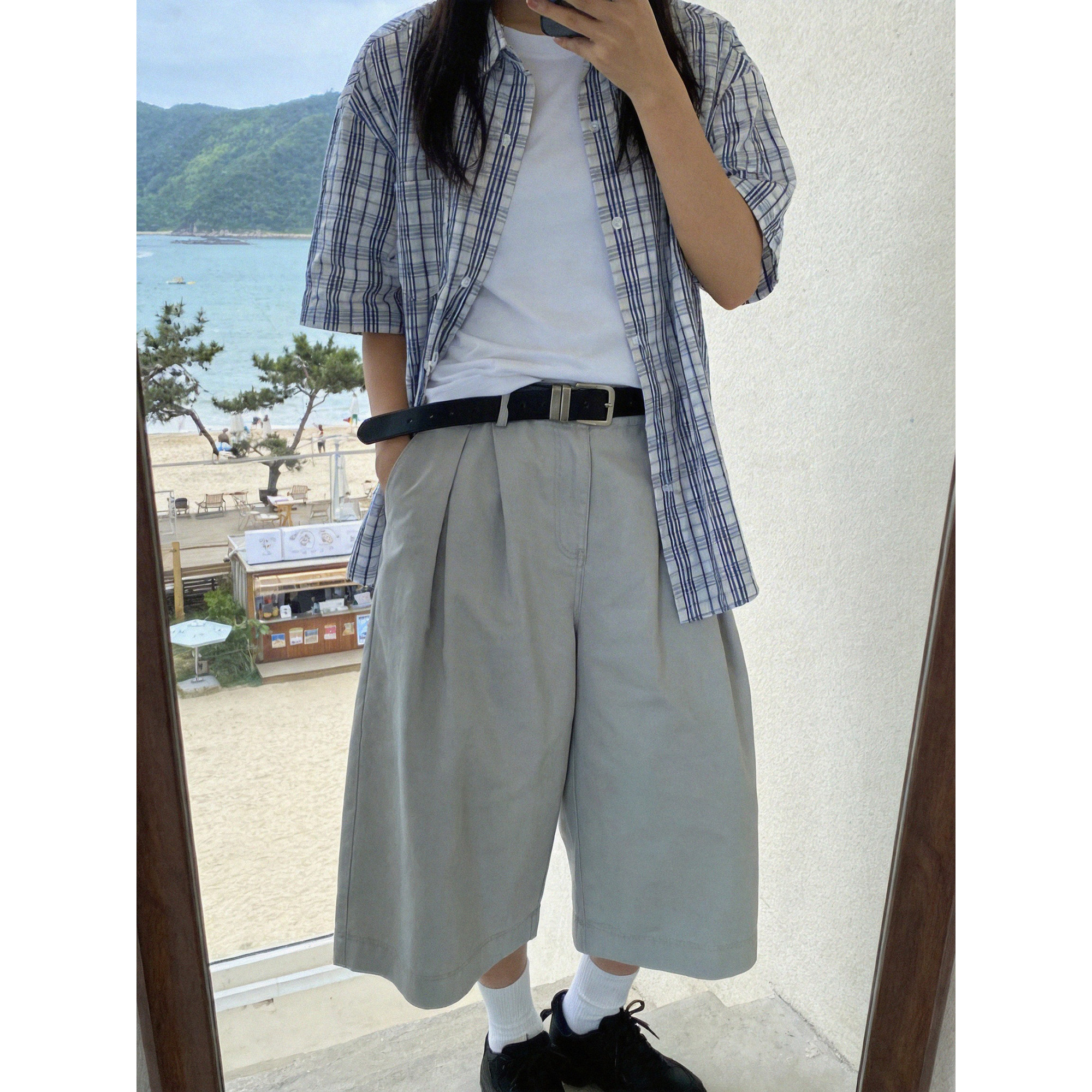夏季纯色宽松百搭阔腿七分裤