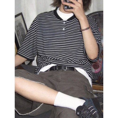 美式复古条纹短袖T恤夏季百搭