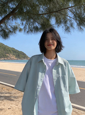 薄荷绿短袖衬衫男女夏季宽松休闲慵懒风盐系少年感百搭半袖衬衣潮