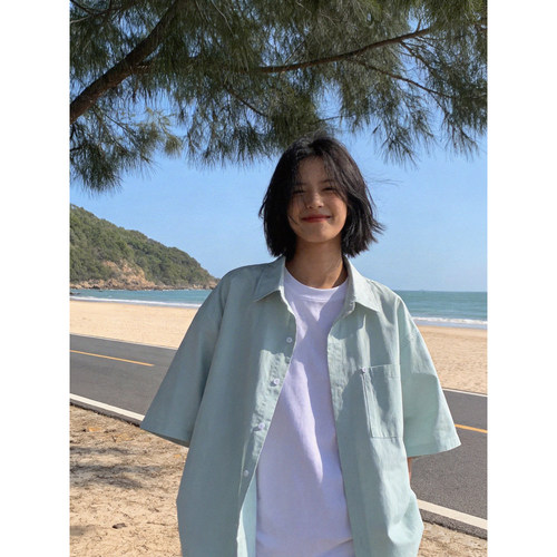 薄荷绿夏季宽松短袖衬衫男女