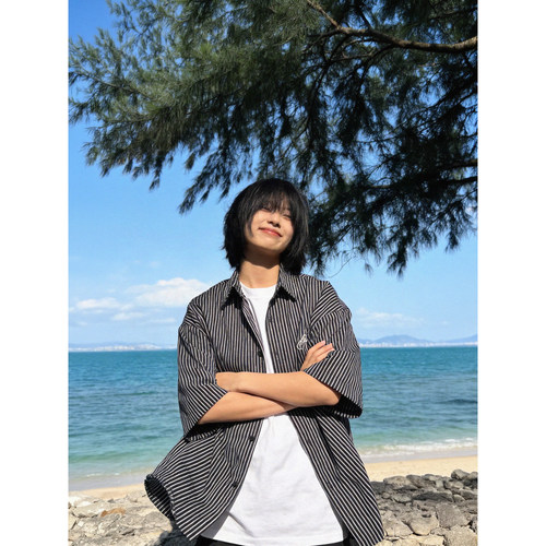 高街刺绣条纹宽松短袖衬衫