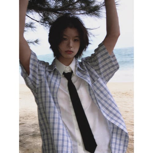 日系夏季短袖格子宽松衬衫男女