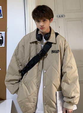 秋冬季新款夹克菱格翻领棉服男港风潮牌ins宽松刺绣情侣棉衣外套