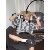 T恤 短袖 日系复古条纹Polo衫 男女百搭宽松学院风ins休闲千禧年夏季