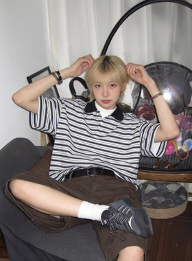 日系复古条纹Polo衫男女百搭宽松学院风ins休闲千禧年夏季短袖T恤