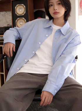 简约蓝色长袖衬衫男女宽松日系复古纯棉百搭通勤少年感休闲衬衣潮