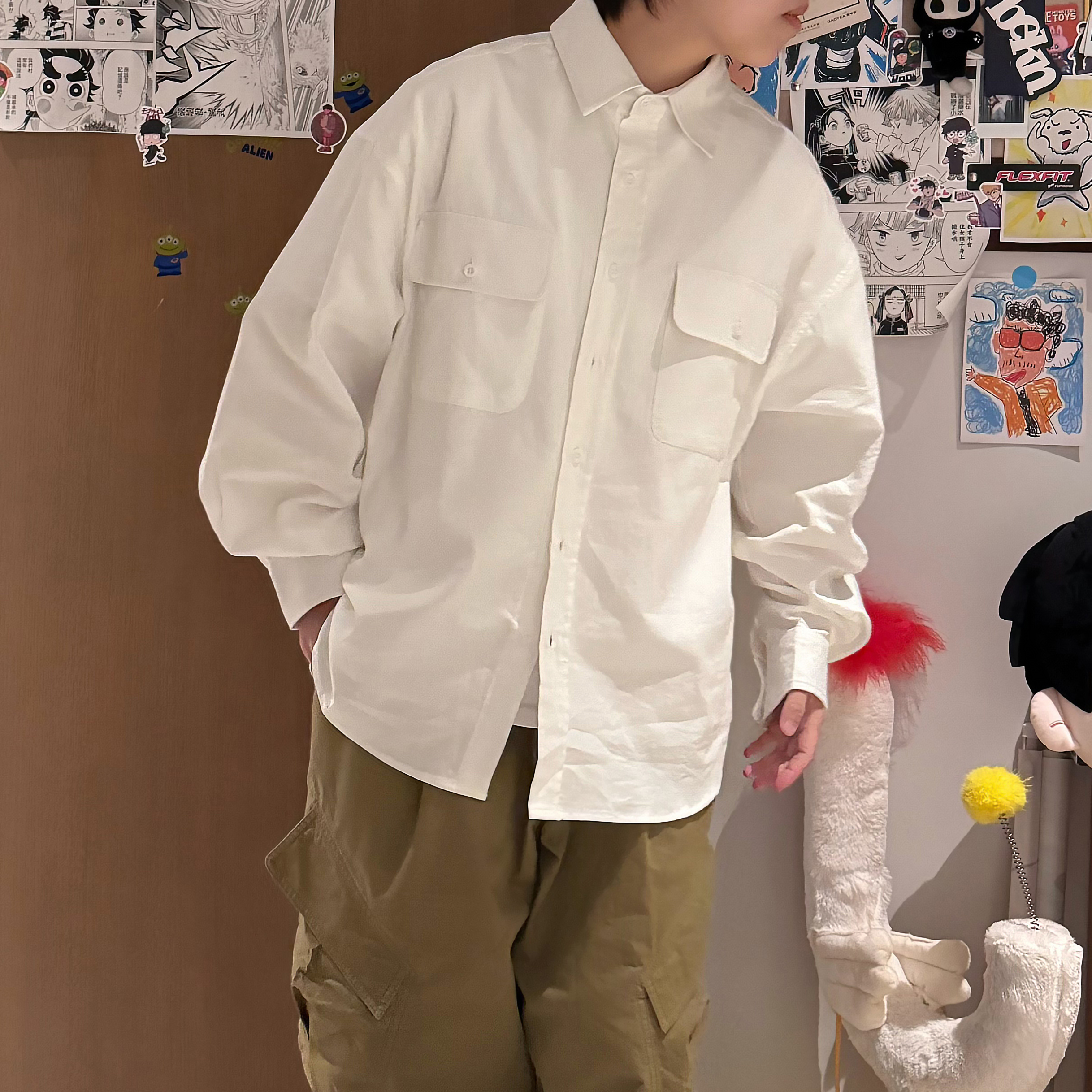 美式工装复古长袖衬衫纯色日常百搭宽松高级感多口袋痞帅春季衬衣