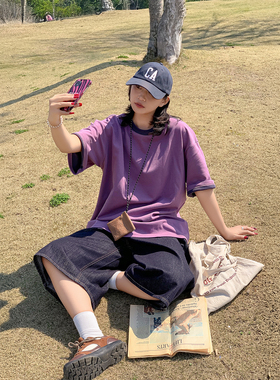 紫色短袖T恤2025夏季宽松拼色休闲半袖ins高级感慵懒百搭纯色上衣