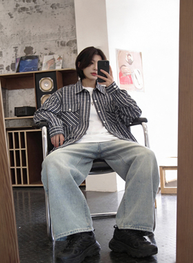 美式复古水洗蓝牛仔裤宽松直筒休闲四季款街头阔腿直筒百搭长裤子