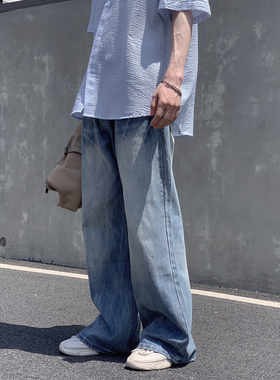 蓝色牛仔裤2025夏季宽松直筒boyish闪电纹休闲百搭高街嘻哈长裤子