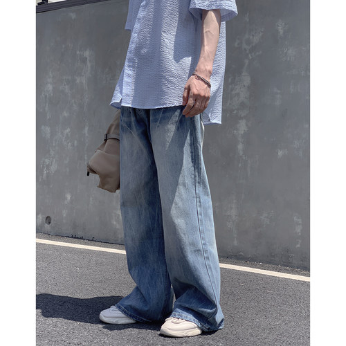 蓝色牛仔裤2025夏季宽松直筒boyish闪电纹休闲百搭高街嘻哈长裤子